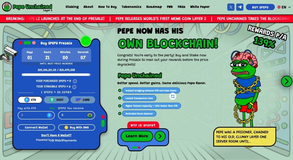 Layer 2 multi-chain meme coin Pepe Unchained tikt $15 miljoen mijlpaal aan in crypto presale