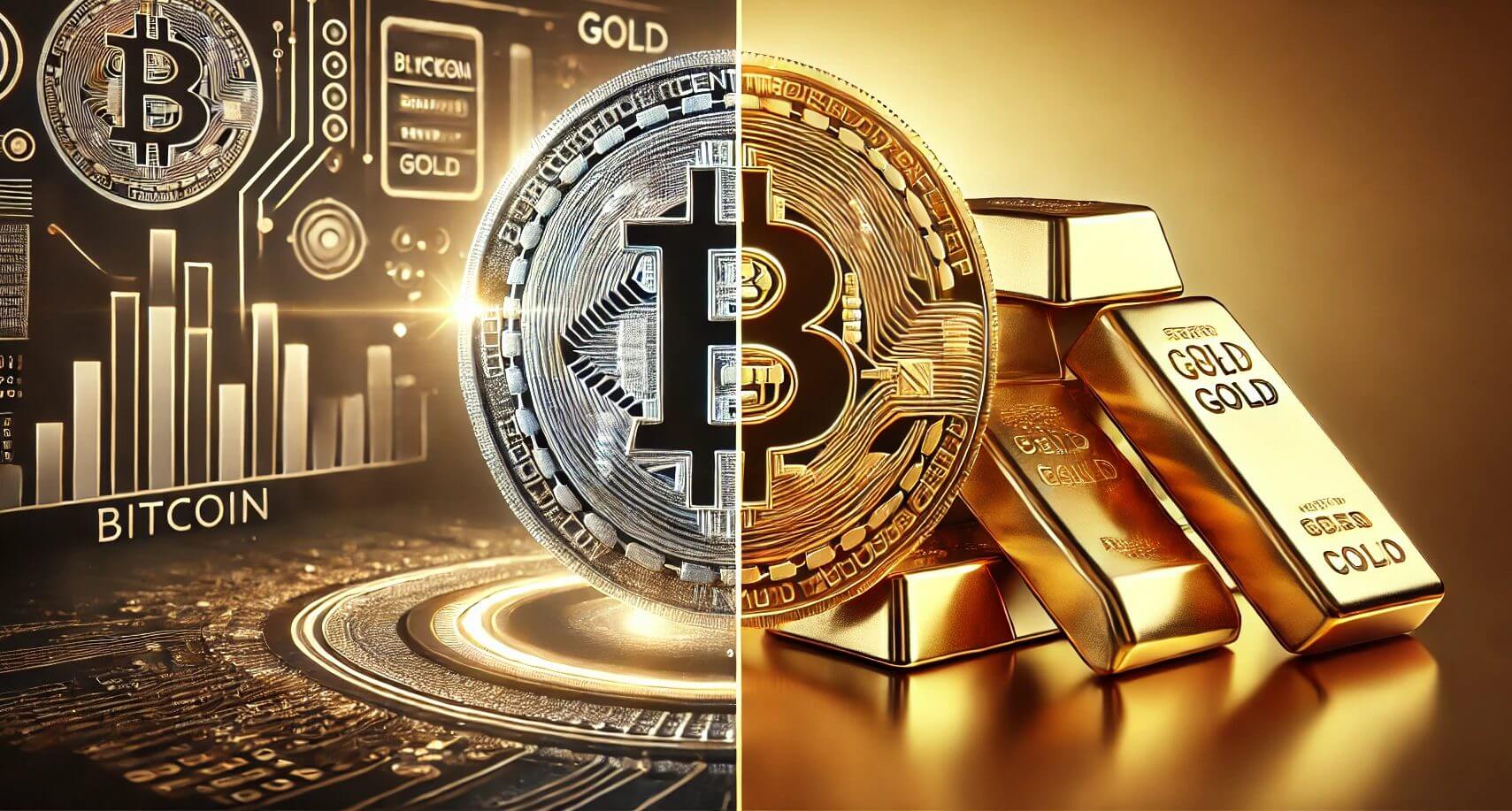 Goud versus Bitcoin: gouden Bitcoin munt naast goudstaven
