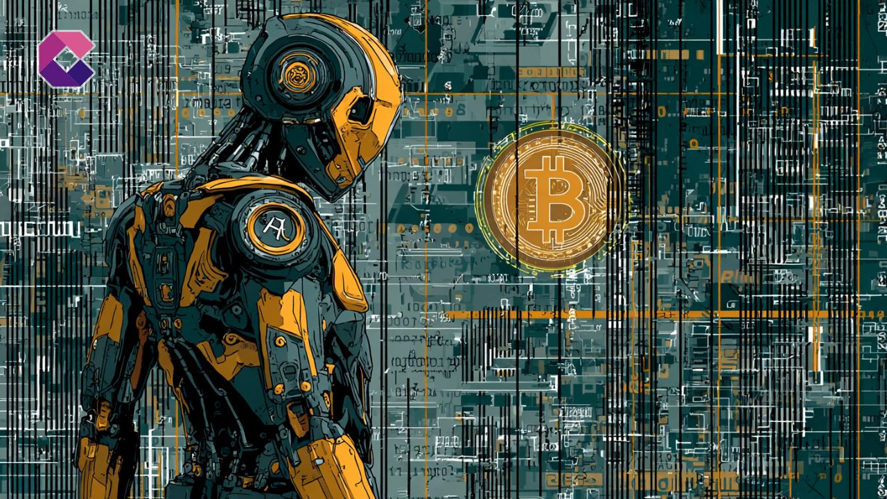Immagine pop art di un androide che osserva il logo di Bitcoin