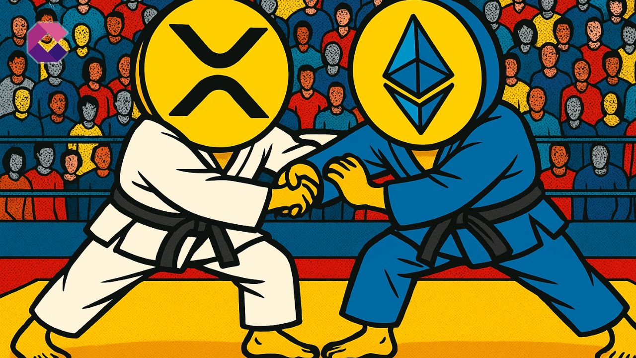 Un'immagine di due token crypto vestiti da judoka che combattono