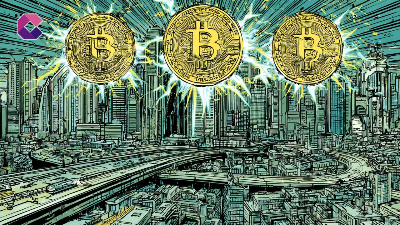 Immagine in stile pop art con 3 token di Bitcoin sospesi su una città futuristica