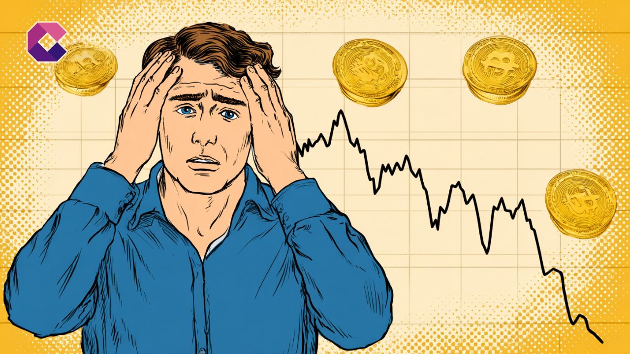 Uomo disperato sullo sfondo di un grafico in calo: copertina in stile pop art per un articolo sulle criptovalute