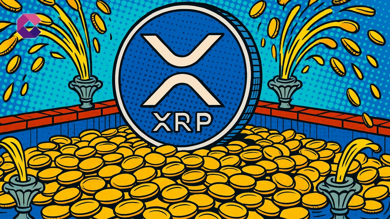 Immagine di un token XRP dentro una piscina piena di monete