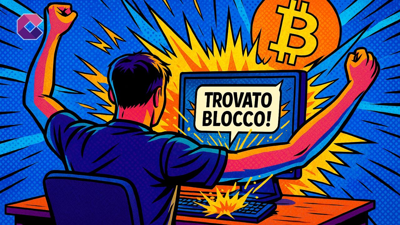 Miner Bitcoin solitario esulta davanti al PC per blocco vincente