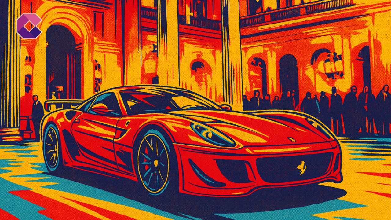 Ferrari stilizzata in mostra con effetto pop art