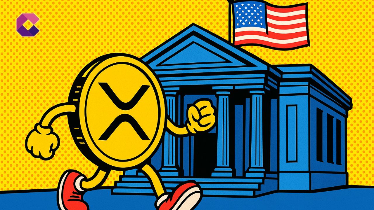 Immagine di un token XRP davanti a una banca su cui sventola una bandiera degli USA