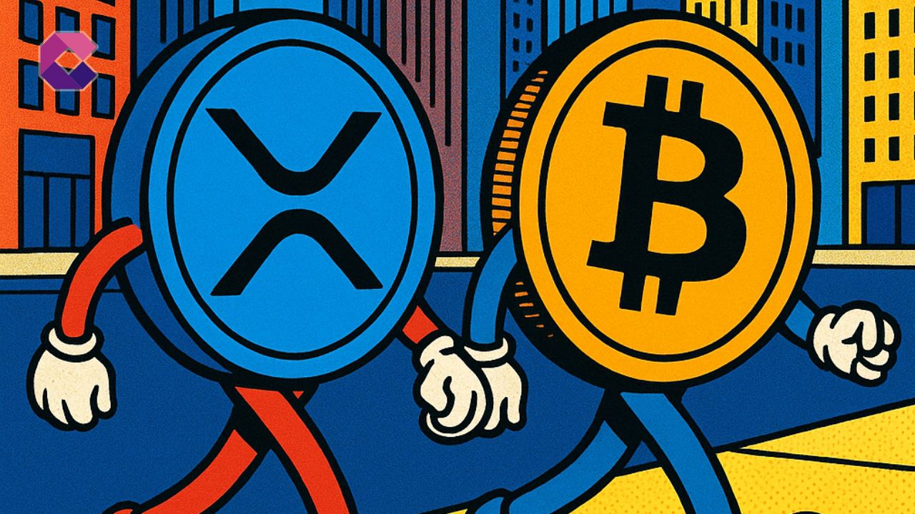 Immagine di due token crypto che camminono in città