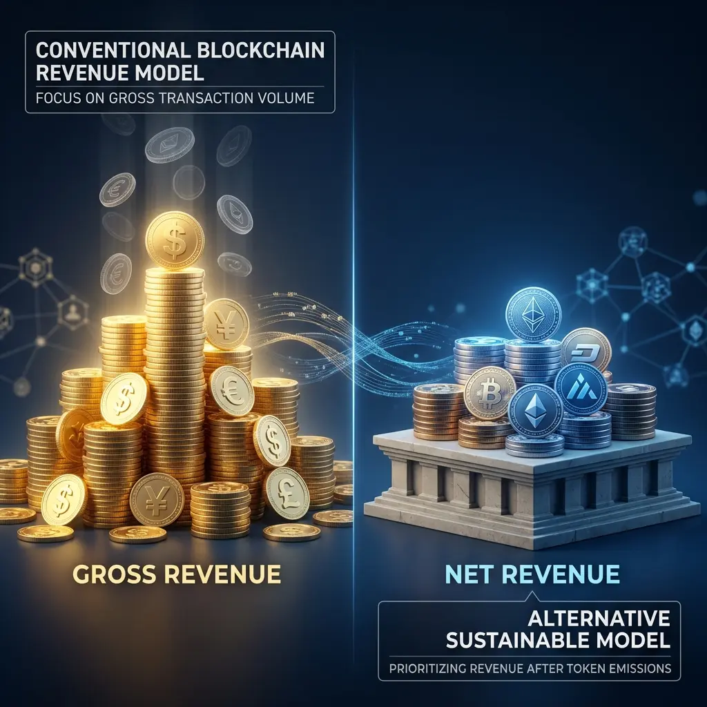 Contrasting visualization of gross revenue versus sustainable net revenue in DeFi blockchain protocols