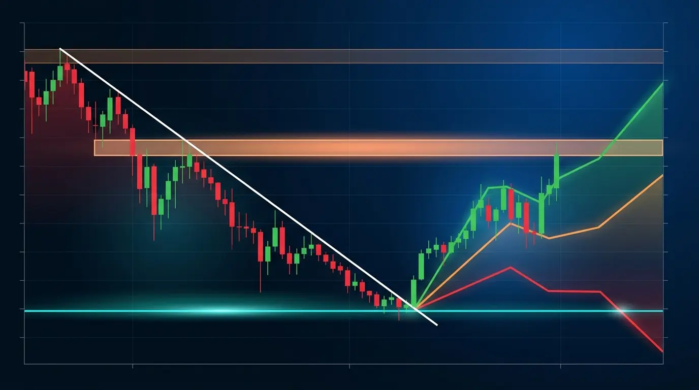 ICP price prediction chart showing downtrend with support and resistance levels and multiple scenario pathways for 2026-2027