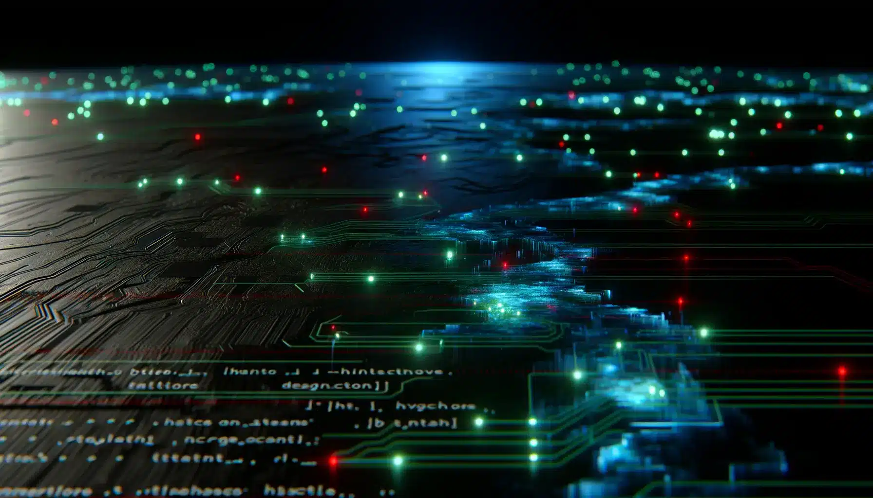 Digital visualization of compromised smart contract showing corrupted code pathways and security vulnerabilities