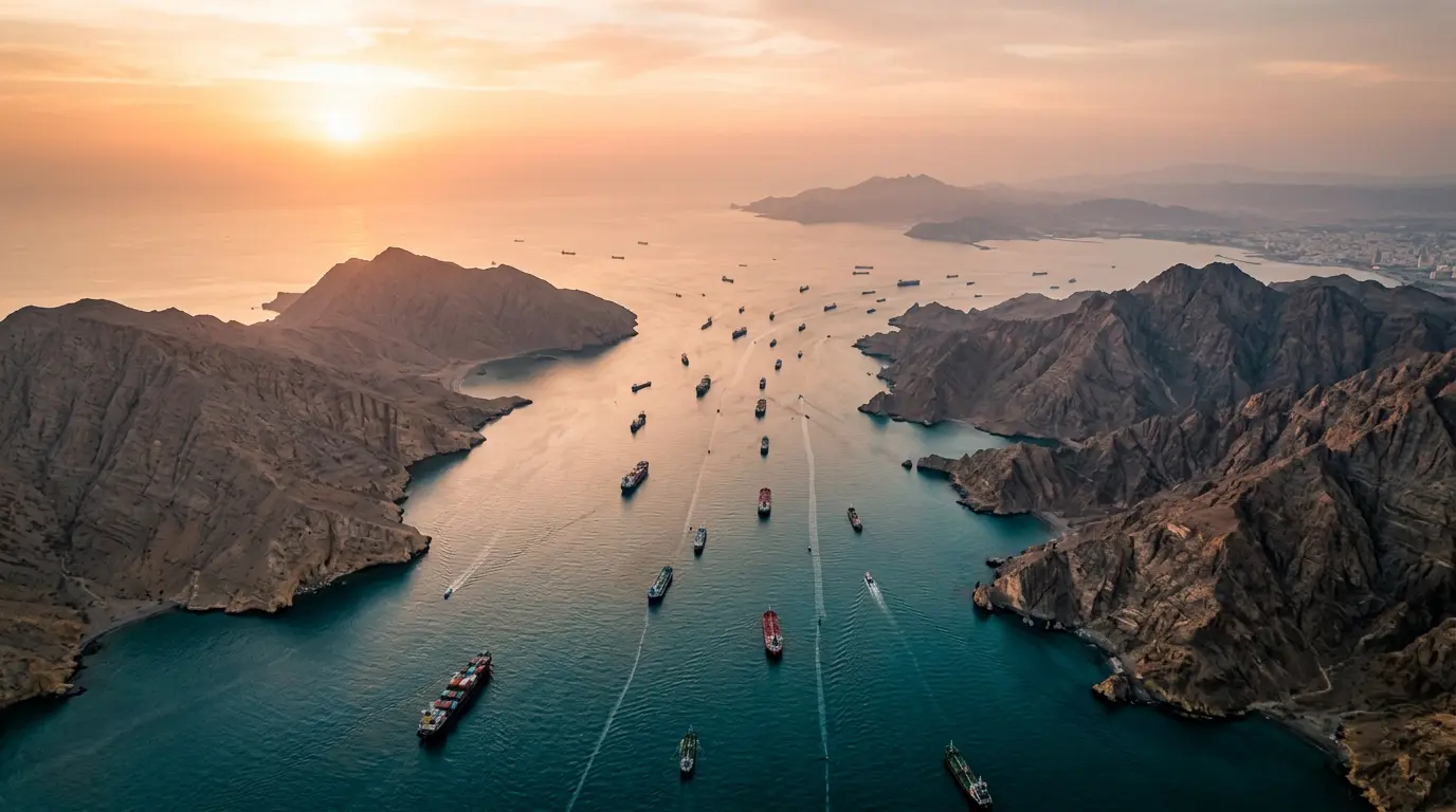 Aerial view of Strait of Hormuz showing strategic maritime passage with oil tankers