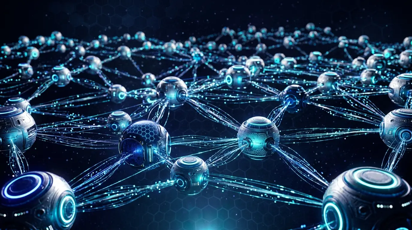 Decentralized storage network with interconnected glowing nodes and data streams on dark background
