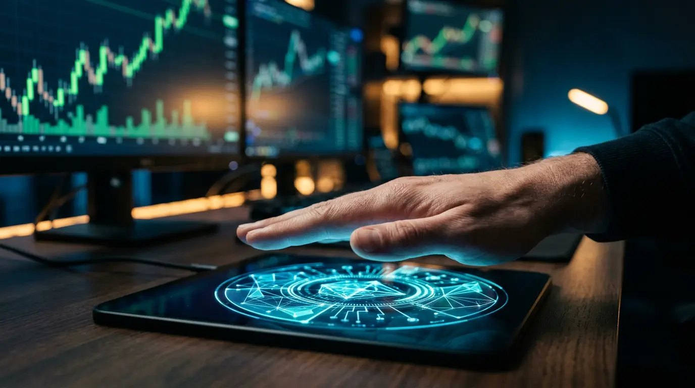 Biometric palm scanner with blockchain verification patterns and crypto trading charts in background