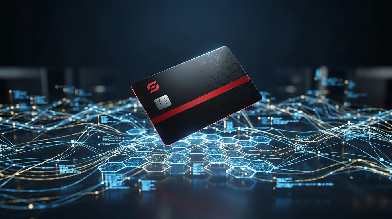 Mastercard credit card hovering above glowing blockchain network with digital nodes and data connections