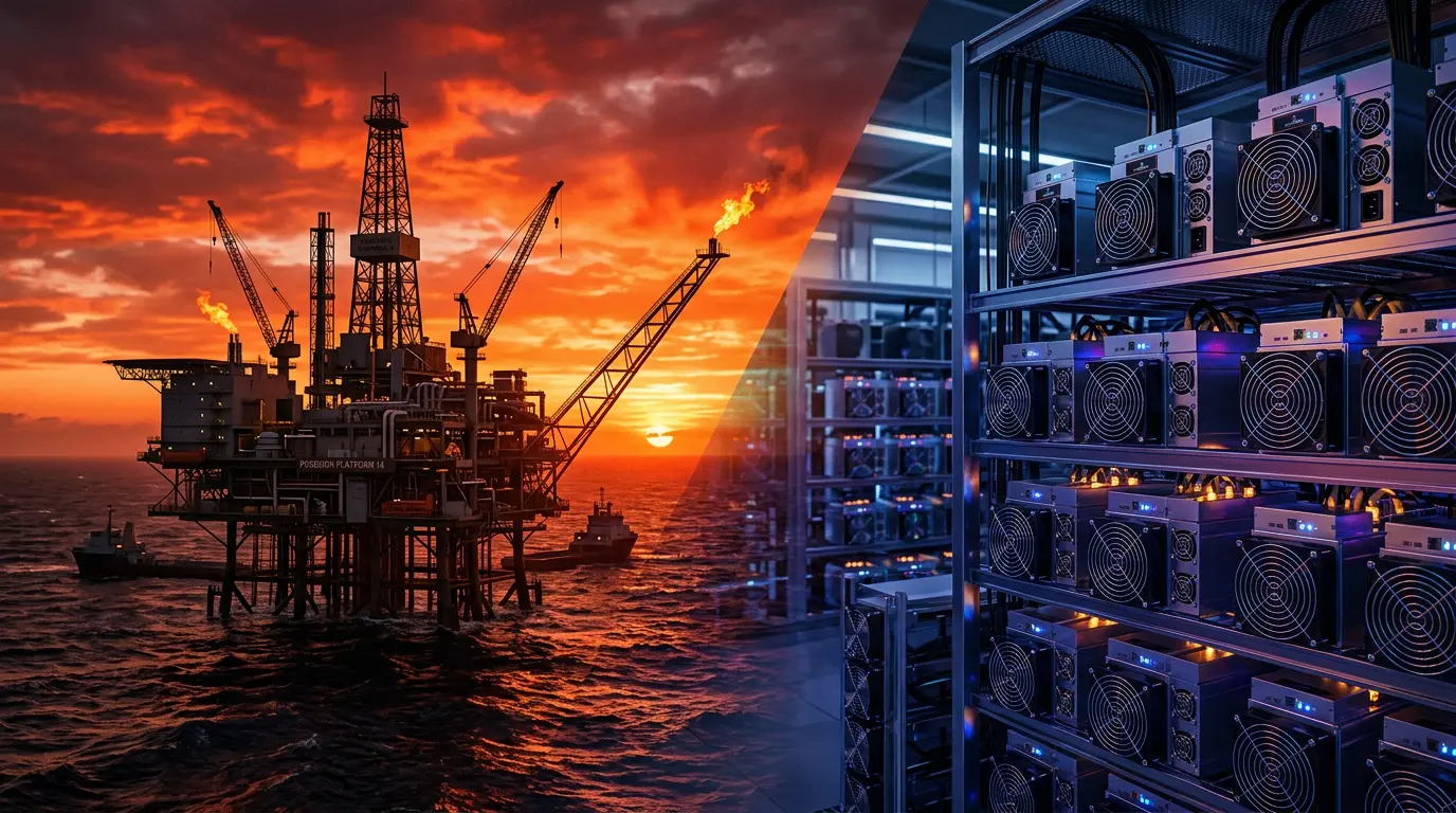Oil rig and Bitcoin mining equipment showing energy connection between petroleum markets and cryptocurrency