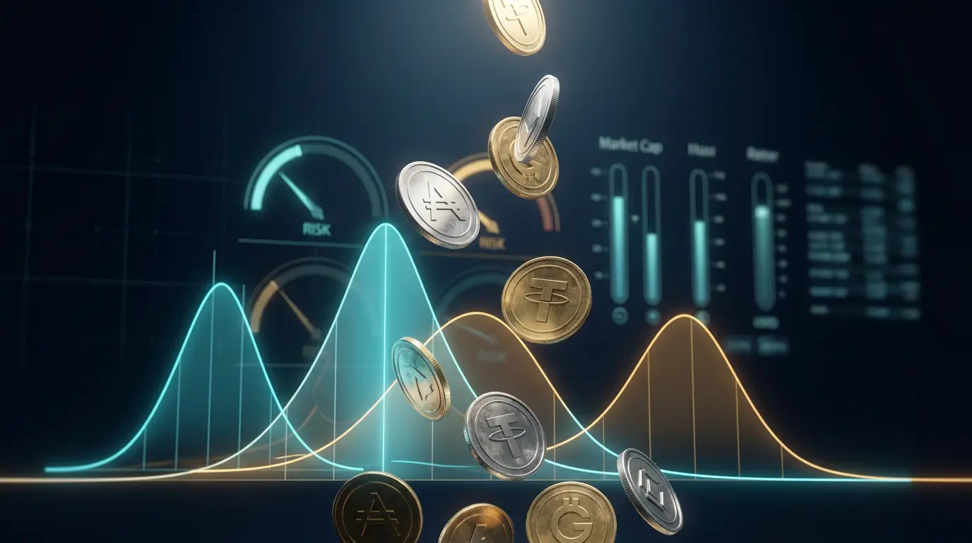 Altcoin tokens descending through glowing probability charts and risk metrics in a dark analytical environment