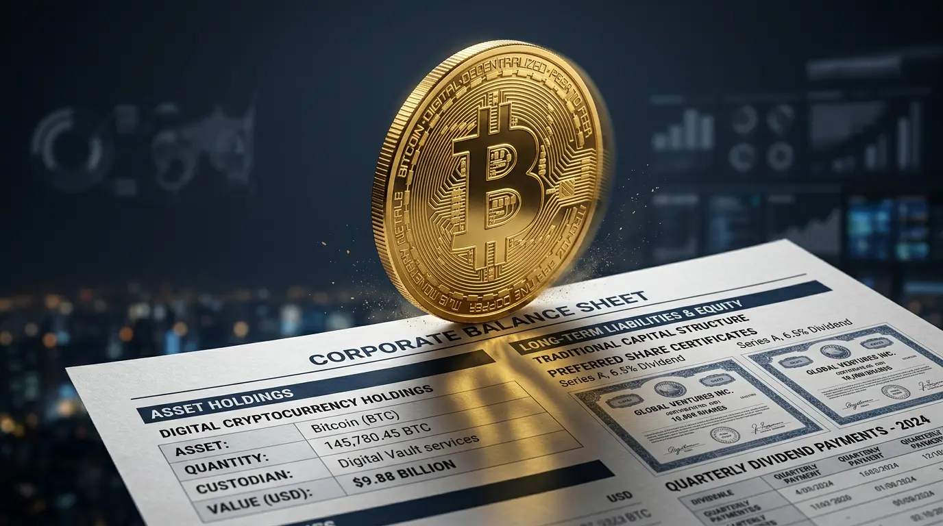 Bitcoin coin balanced on corporate documents representing Strategy's dividend payment dilemma