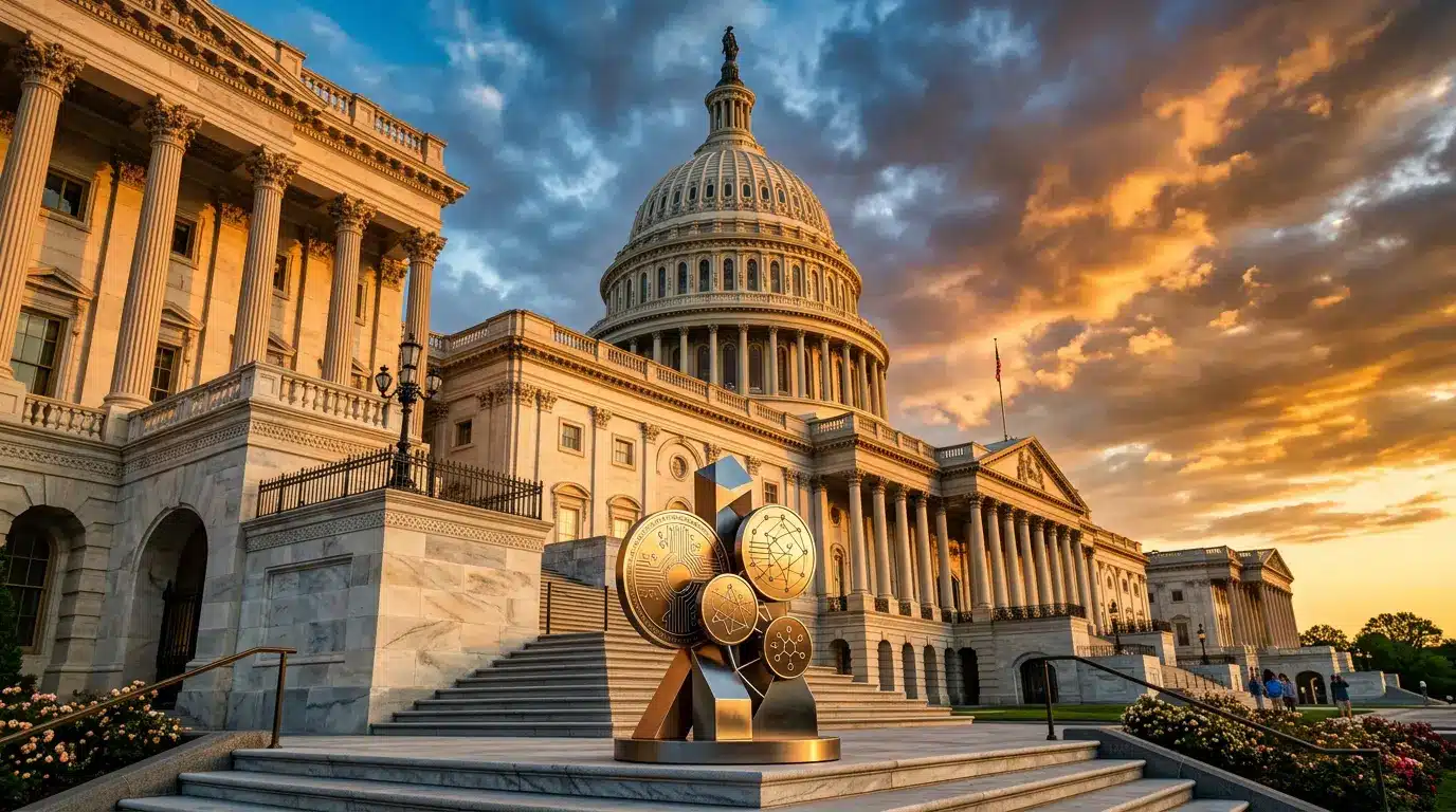 US Capitol Building with modern digital currency sculpture representing crypto regulation legislation
