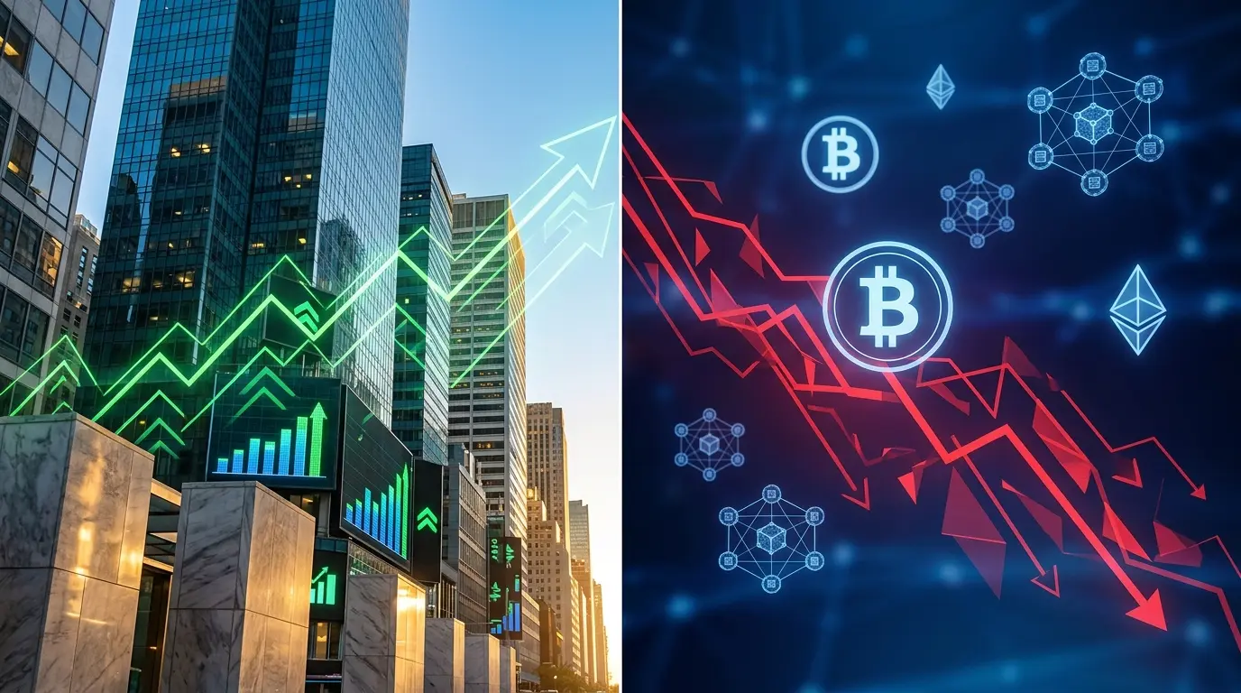 Visual contrast between rising Wall Street markets and declining cryptocurrency performance showing market divergence