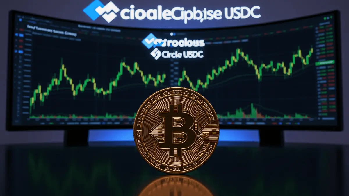 Bitcoin coin on trading desk with cryptocurrency charts and institutional investment data displays