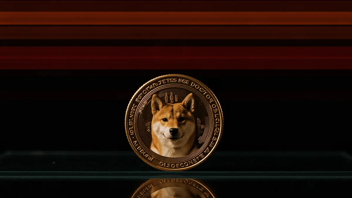 Dogecoin at critical support level under multiple resistance barriers in dramatic lighting
