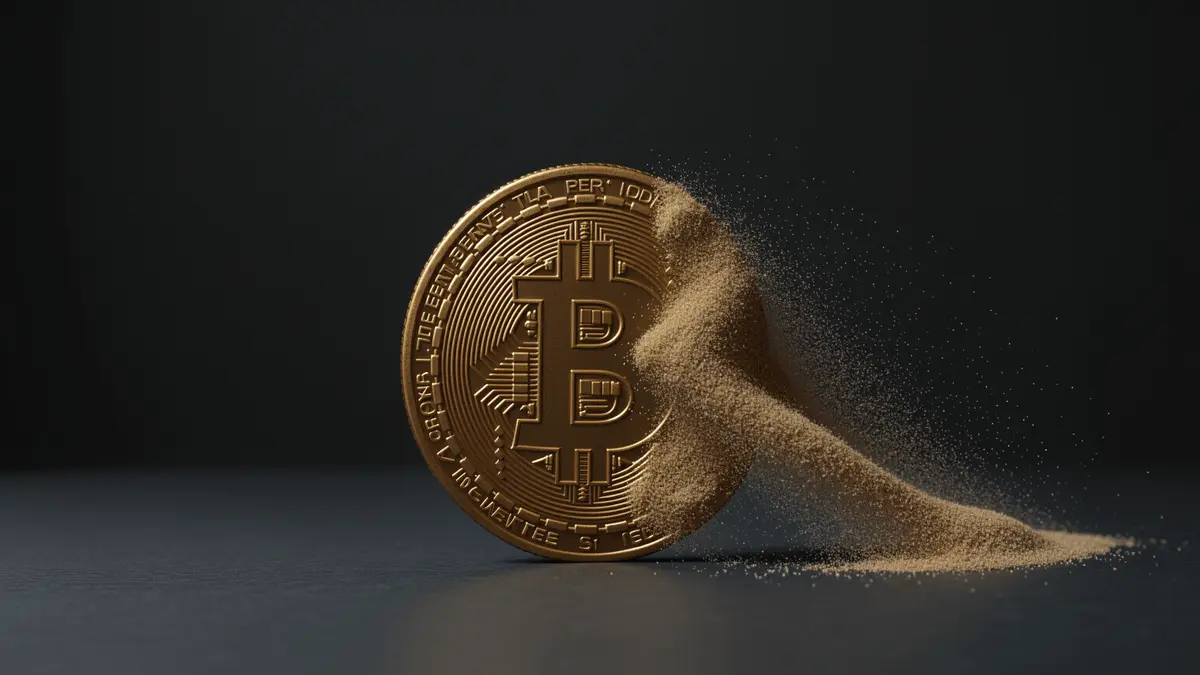Bitcoin coin slowly dissolving into sand representing gradual market erosion and decline