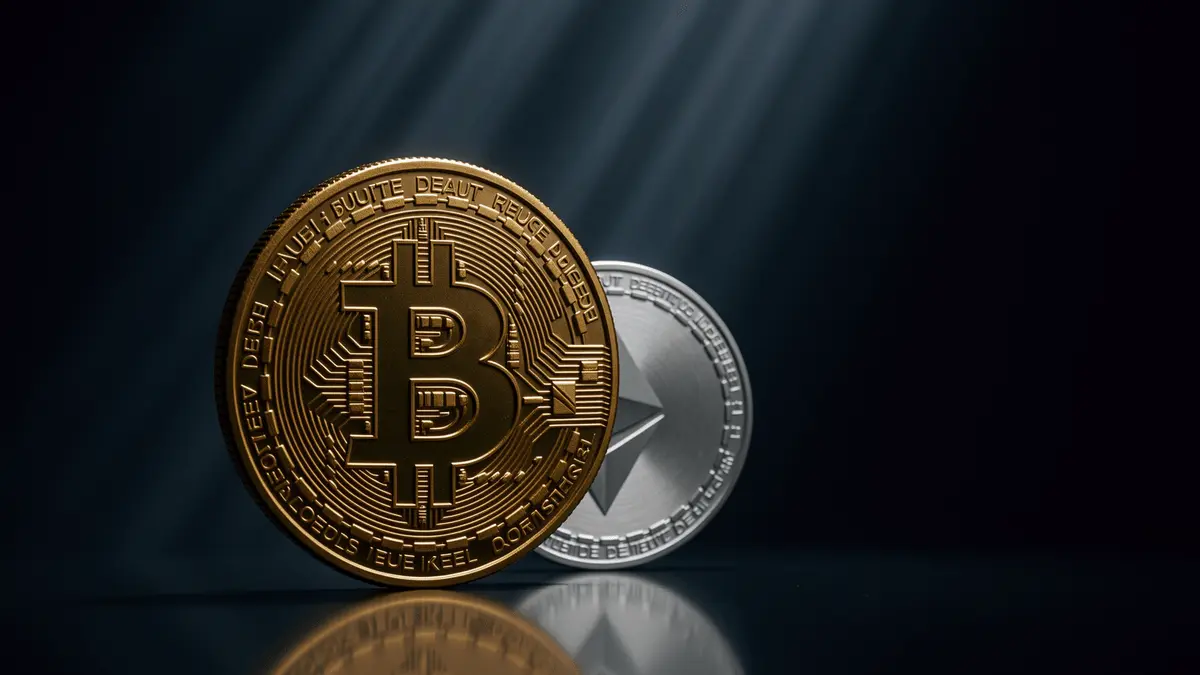 Bitcoin and Ethereum coins with dramatic upward lighting representing price resistance levels