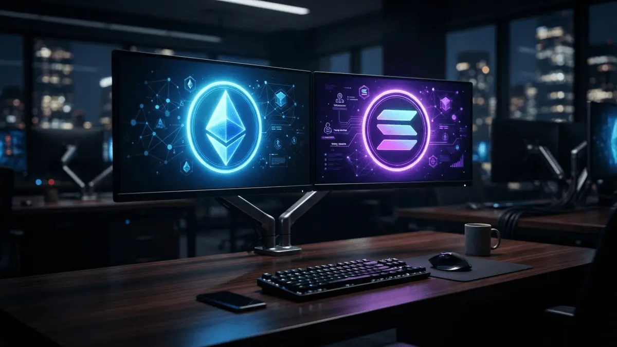 Ethereum and Solana cryptocurrency trading monitors in professional institutional finance setting
