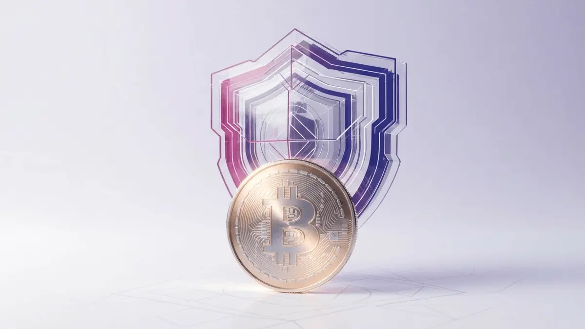 Bitcoin coin with digital security shield representing institutional wallet protection and AI security