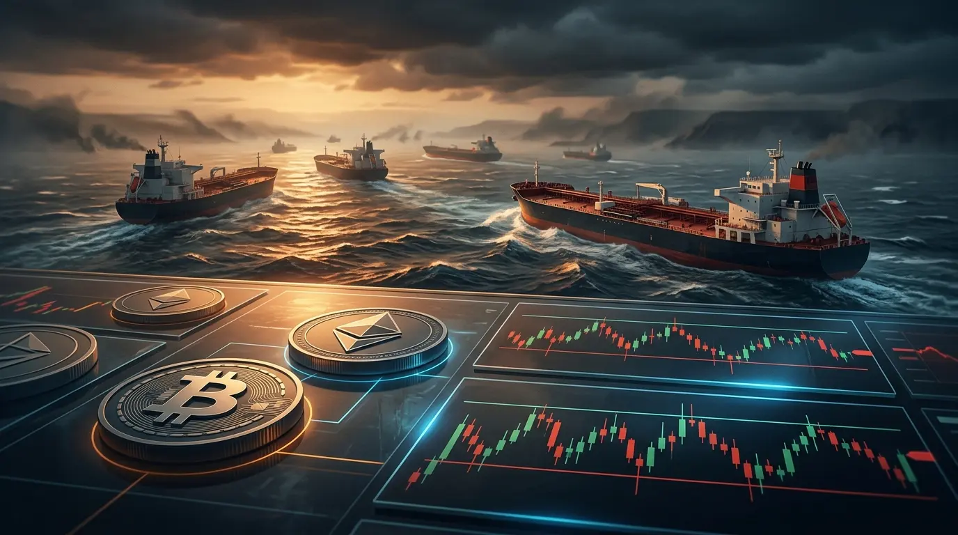 Oil tankers in a tense maritime corridor beside sideways Bitcoin and Ethereum market charts