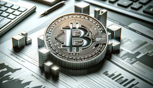 عملةٍ فضيةٍ تحمل شعار بيتكوين محاطةٍ بمبانٍ مؤسّسية ورسوم بيانية - المصدر: DALL·E 