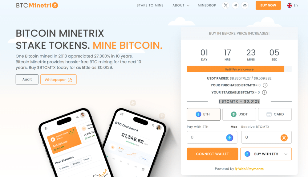 صفحة Bitcoin Minetrix الرئيسية وشرحٌ لآلية الرهن من أجل التعدين الفريدة الخاصة بها