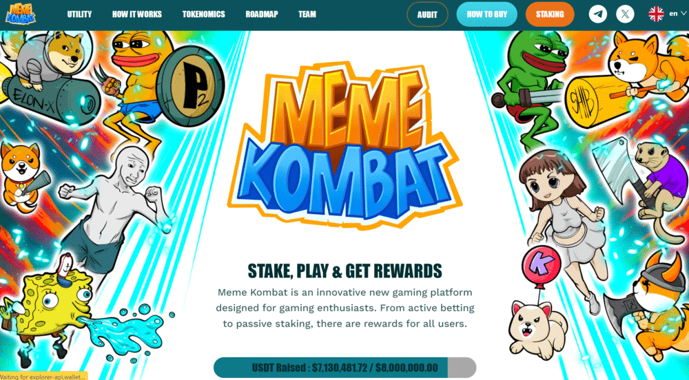 صورةٌ لصفحة مشروع Meme Kombat الرئيسيّة يتوسطها شعاره وحصيلة بيعه المسبق، وعلى جانبيه تظهر أشهر شخصيات عملات الميم في حالة استعداد لخوض النزالات