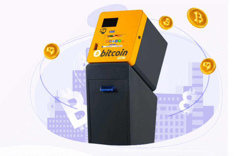 جهاز صرّافٍ آليٍّ خاصٍّ ببيتكوين وحوله عملاتٌ ذهبيةٌ عليها شعار بيتكوين