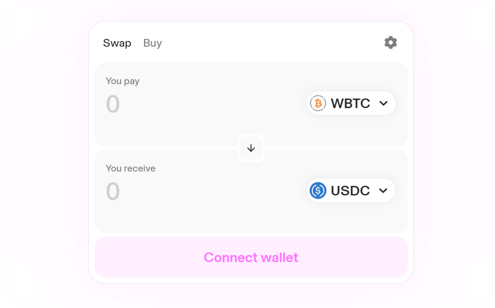 مبادلة بيتكوين عبر منصّة Uniswap تُظهر أزرار مبادلة WBTC بعملة USDC وزرّ ربط المحفظة