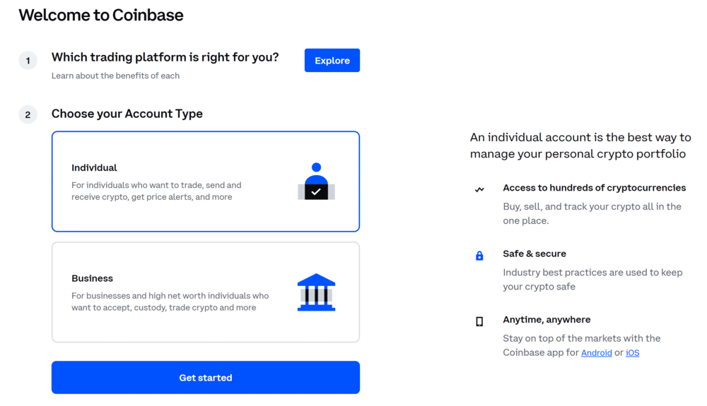 صفحة تسجيل حساب جديد لدى منصة كوينبيس (Coinbase) 