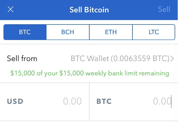 صفحة البيع عبر منصة Coinbase تُظهر أزرار بيع رصيد عملات BTC وBCH وETH وLTC مقابل الدولار الأمريكي 