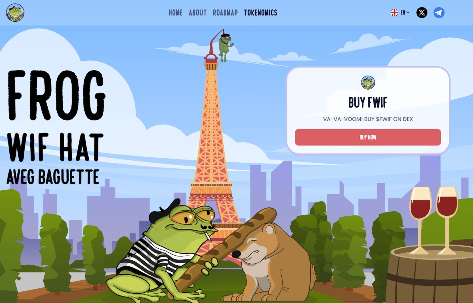 إعلان ترويجي لمشروع Frogwifhat يظهر فيه شعار عملته على هيئة ضفدع بقبعة وفي الخلفية برج إيفل الشهير