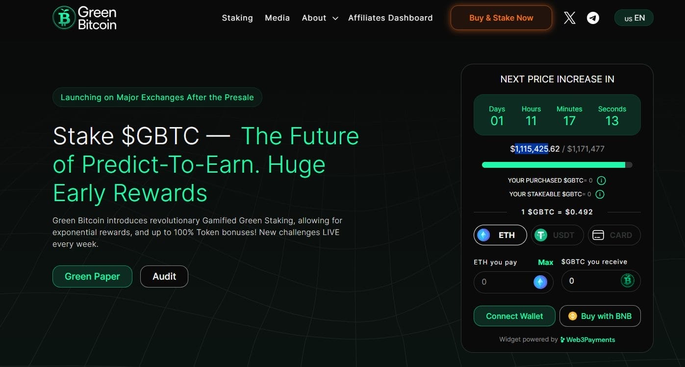 الصفحة الرئيسية لموقع Green Bitcoin وبيعها المسبق
