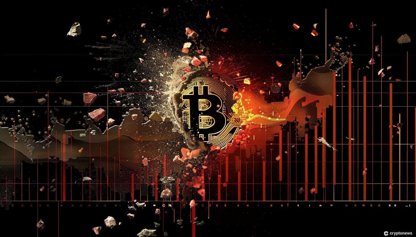 عملة عليها شعار بيتكوين تكسر حائطاً أسود اللون عليه مخطط بياني للأسعار باللون الأحمر