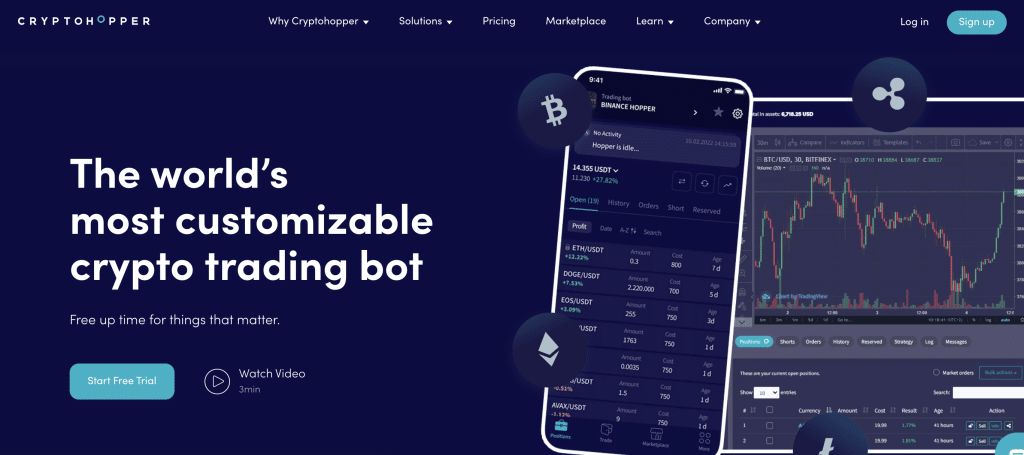 الصفحة الرئيسية لموقع Cryptohopper تشمل خيارات تسجيل الدخول وإنشاء الحساب وغيرها