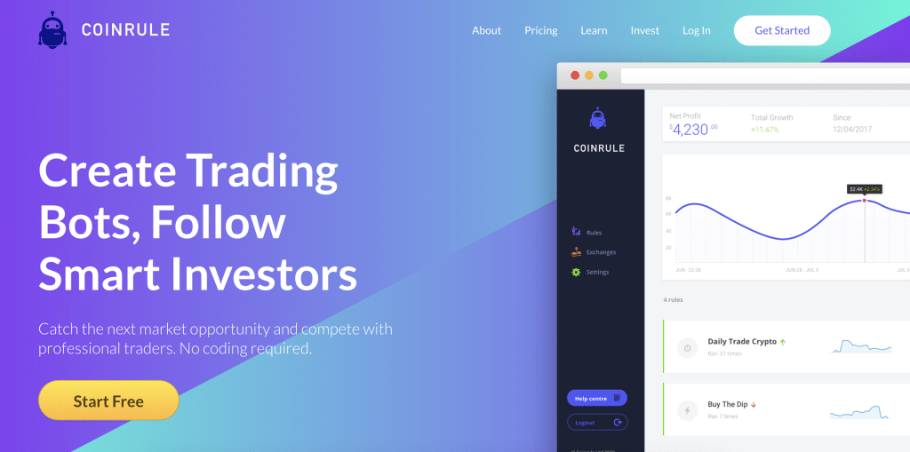 الصفحة الرئيسيّة لموقع Coinrule تشمل خيارات تسجيل الدخول وإنشاء الحساب وغيرها