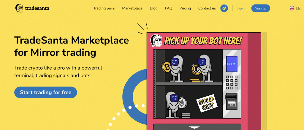 الصفحة الرئيسية لموقع TradeSanta تشمل خيارات تسجيل الدخول وإنشاء الحساب وغيرها