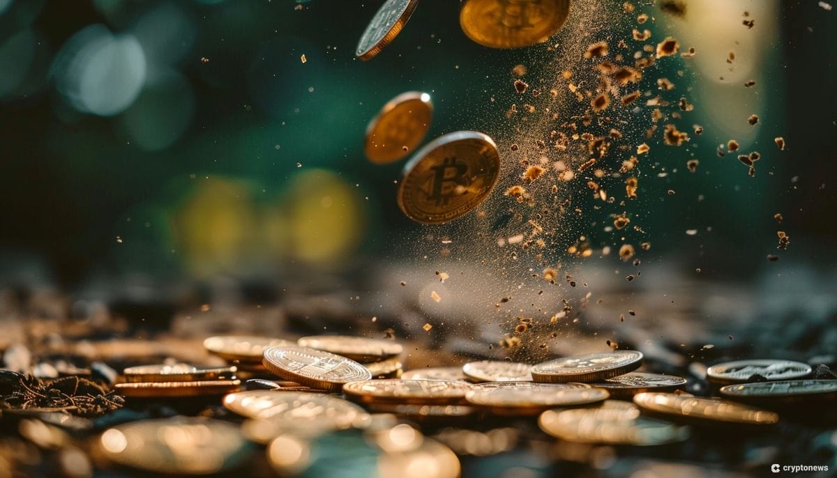 عملات بيتكوين تنهمر على أرض مليئة بالعملات