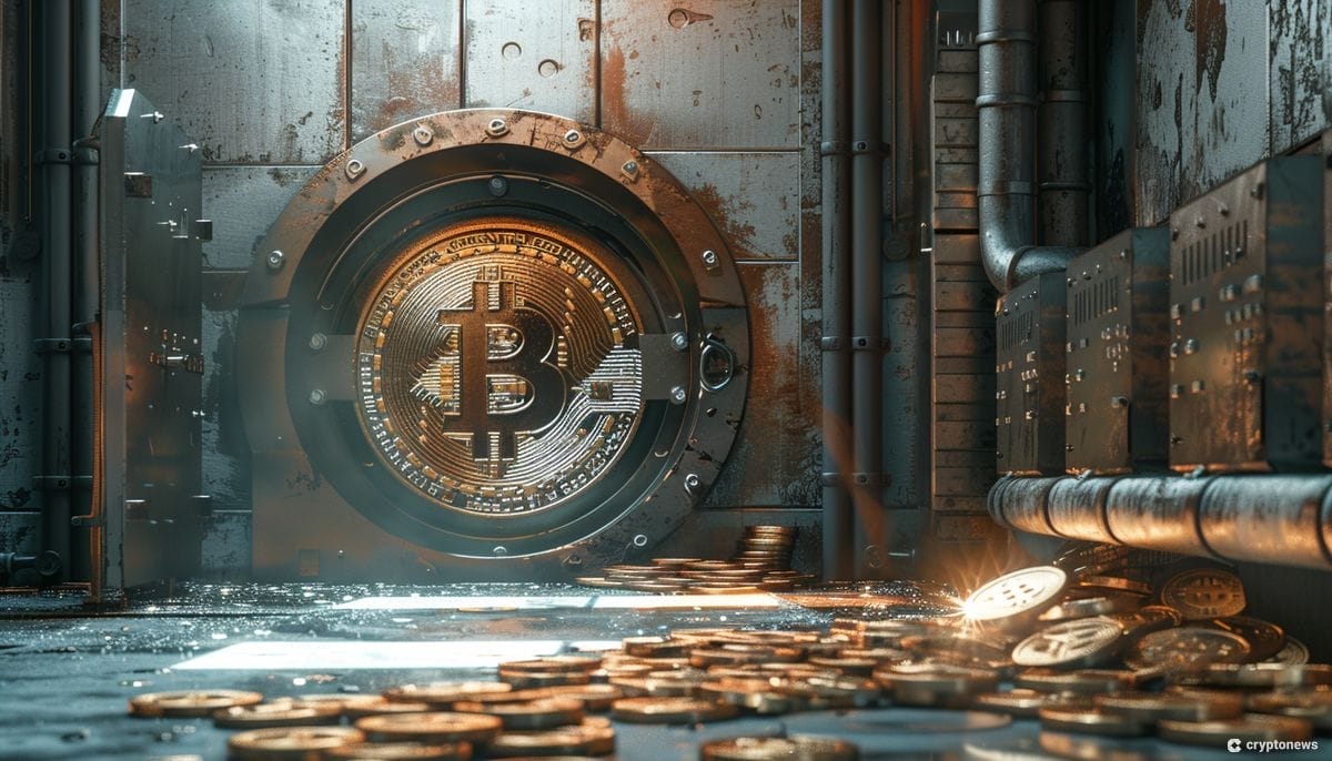 عملات ذهبية عليها شعار بيتكوين في قبو يملؤه الصدأ مع بوابة عليها شعار بيتكوين