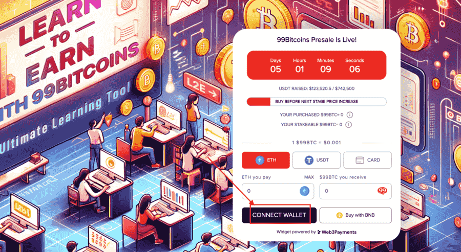 واجهة اكتتاب عملة 99BTC وفي الخلفية أشخاص يتعلمون أصول الكريبتو على حواسيبهم عبر منصة 99Bitcoins