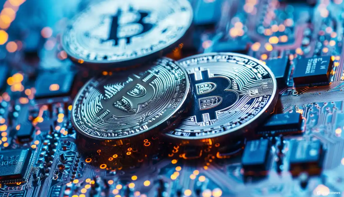 ثلاث عملات معدنية عليها شعار بيتكوين وفي الخلفية دارات إلكترونية