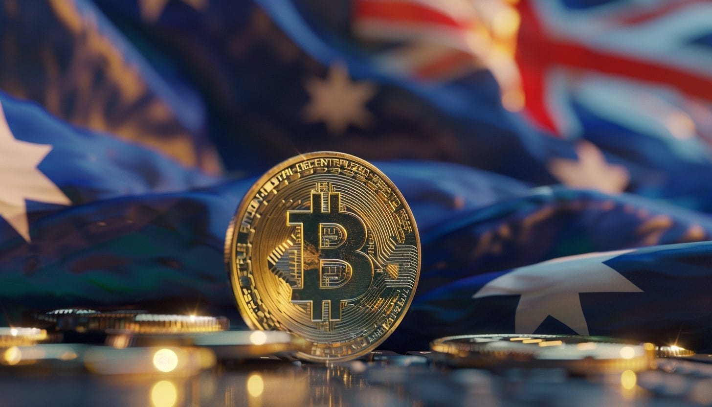 عملة معدنية تحمل شعار بيتكوين وفي الخلفية علم أستراليا