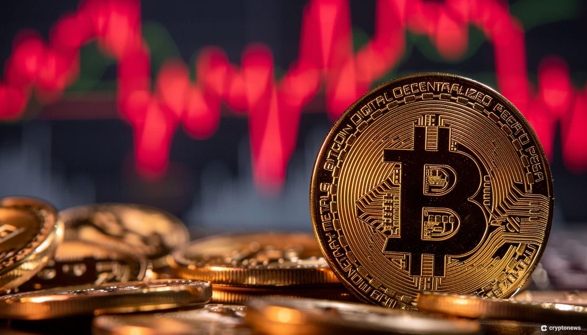 عملة ذهبية تحمل شعار بيتكوين وفي الخلفية مخطط بياني