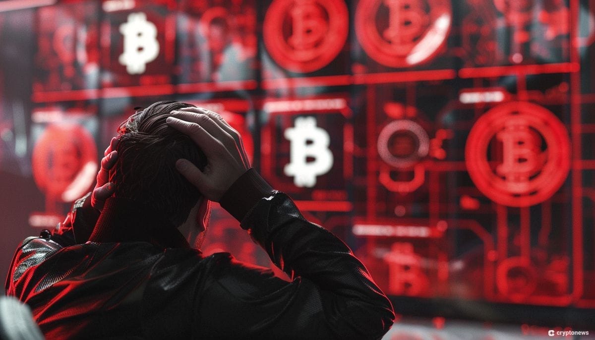 رجل يضع يديه على رأسه أمام شاشة تظهر نزيفاً سعرياً لعملة BTC